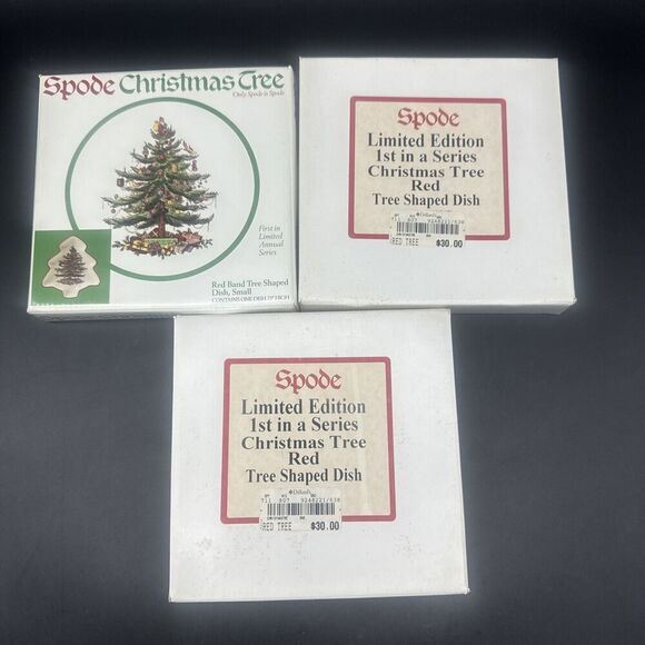 Spode Christmas Tree RED Band 1st Limited Annual Series 7.5” High #s3324U- 3 PC - Picture 5 of 5